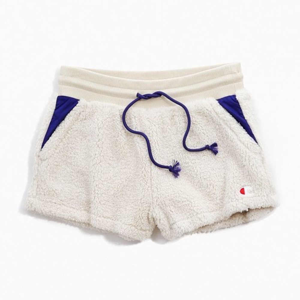 white and blue champion sherpa shorts